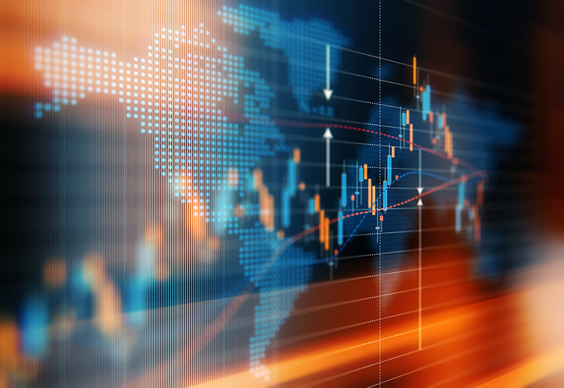 Financial data analysis graph showing global market trends. Selective focus. Horizontal composition with copy space.