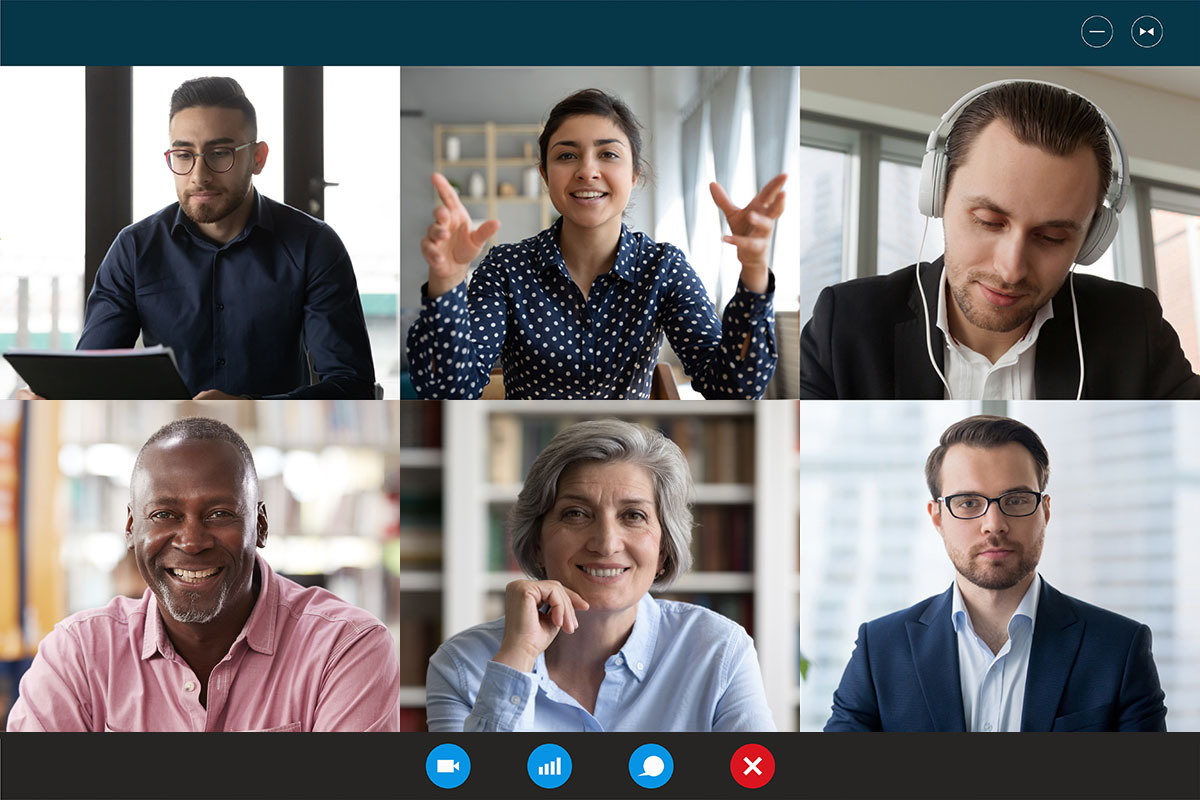 Team working by group video call share ideas brainstorming negotiating use video conference, pc screen view six multi ethnic young people, application advertisement easy and comfortable usage concept